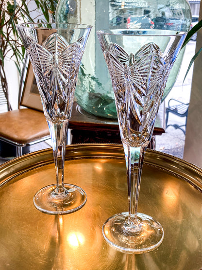Waterford Happiness Millennium Series Crystal Champagne Flutes Glassware Pair