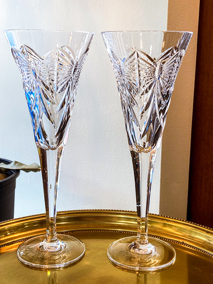 Waterford Happiness Millennium Series Crystal Champagne Flutes Glassware Pair