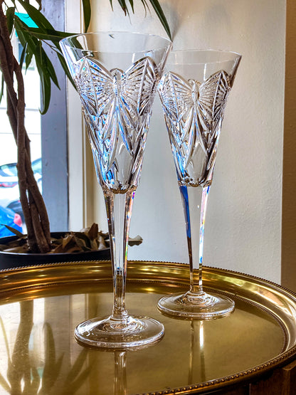Waterford Happiness Millennium Series Crystal Champagne Flutes Glassware Pair
