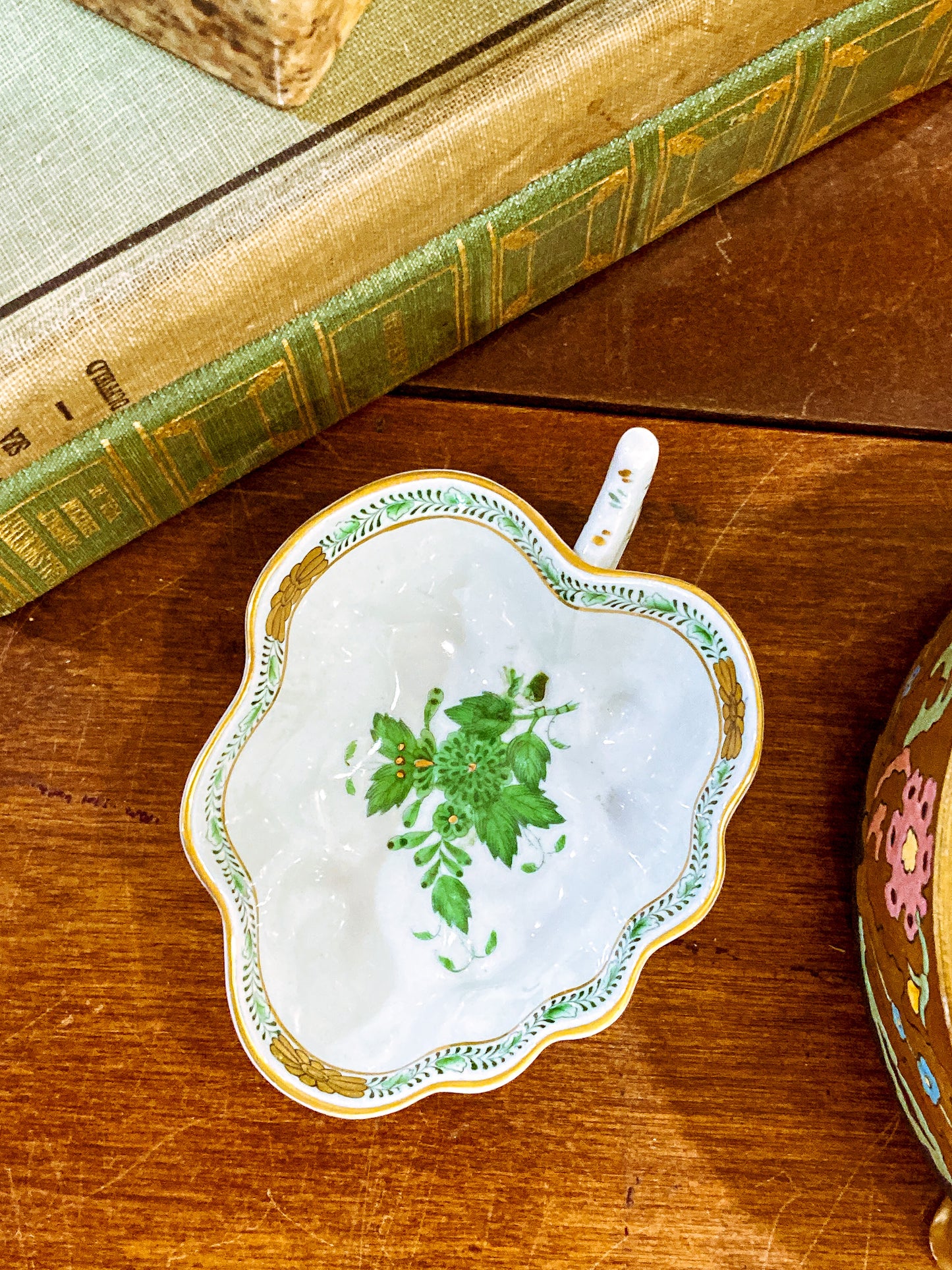 Vintage Herend Hand Painted Green Chinese Bouquet Porcelain Leaf Trinket Dish