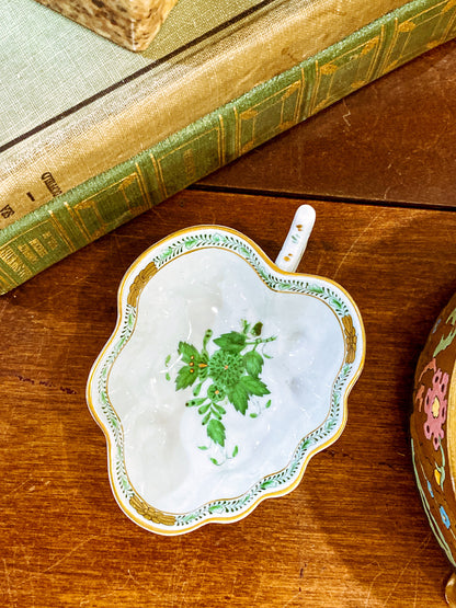 Vintage Herend Hand Painted Green Chinese Bouquet Porcelain Leaf Trinket Dish