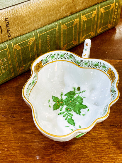 Vintage Herend Hand Painted Green Chinese Bouquet Porcelain Leaf Trinket Dish