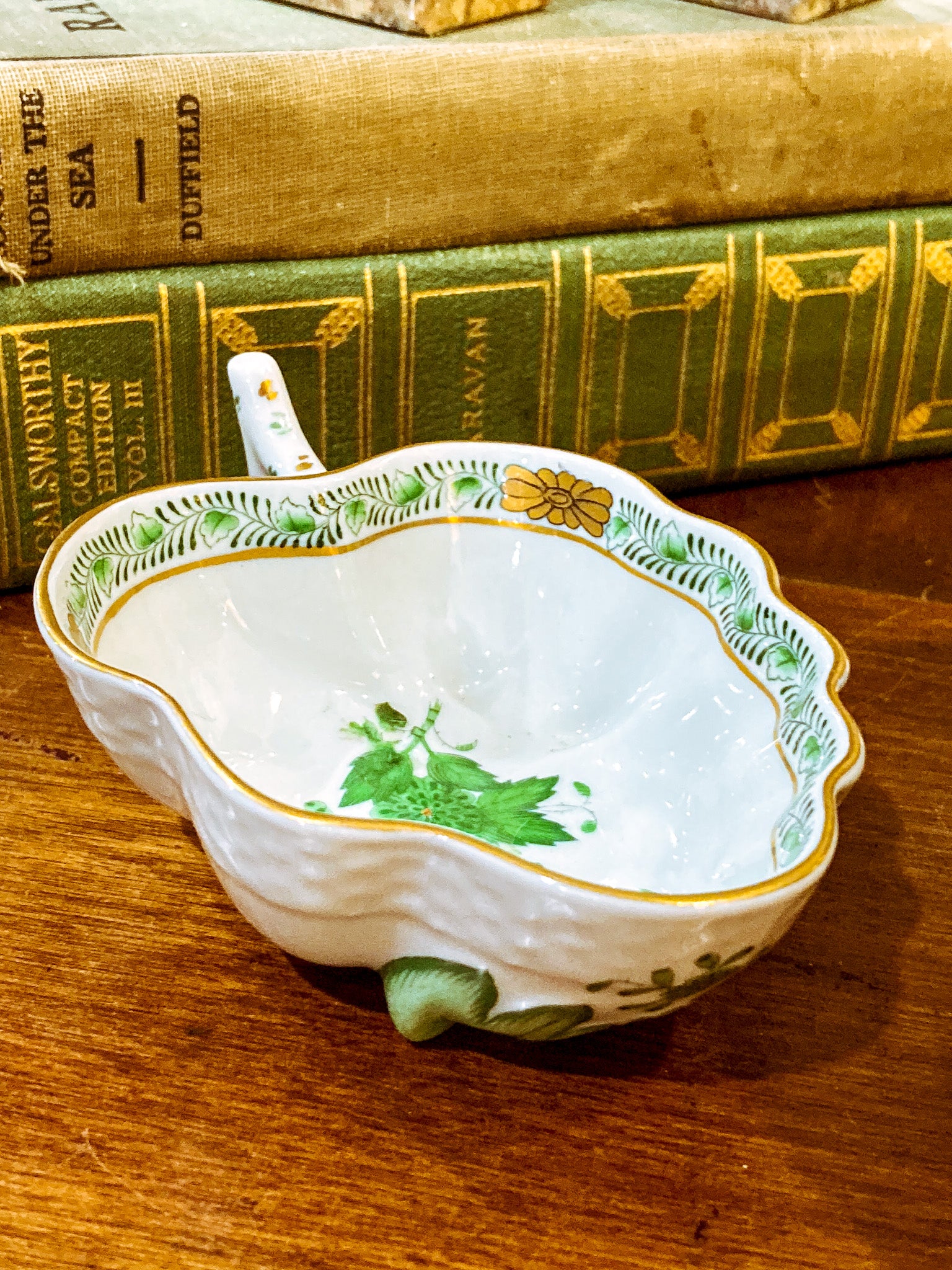 Vintage Herend Hand Painted Green Chinese Bouquet Porcelain Leaf Trinket Dish