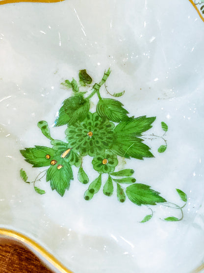 Vintage Herend Hand Painted Green Chinese Bouquet Porcelain Leaf Trinket Dish