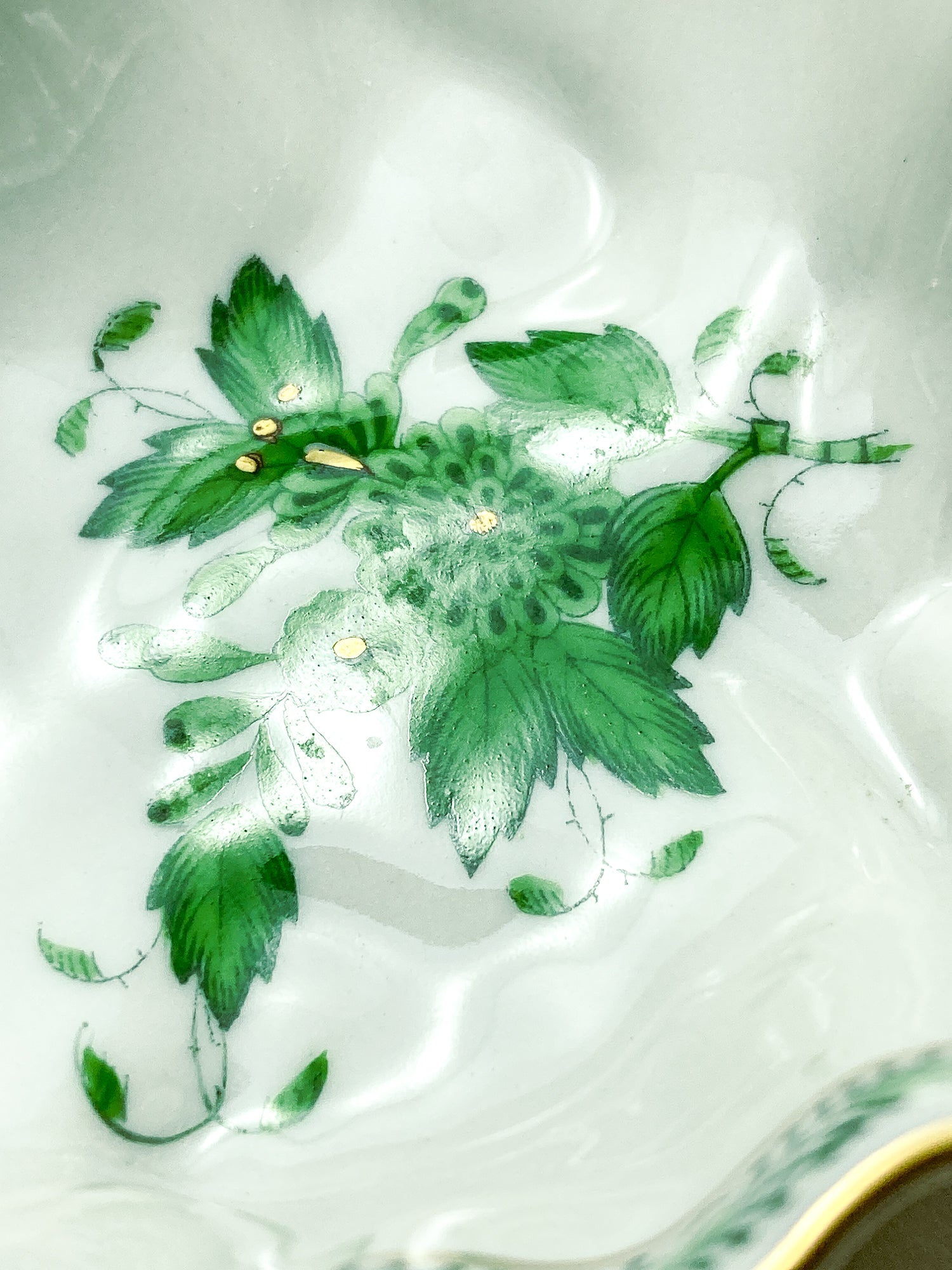 Vintage Herend Hand Painted Green Chinese Bouquet Porcelain Leaf Trinket Dish