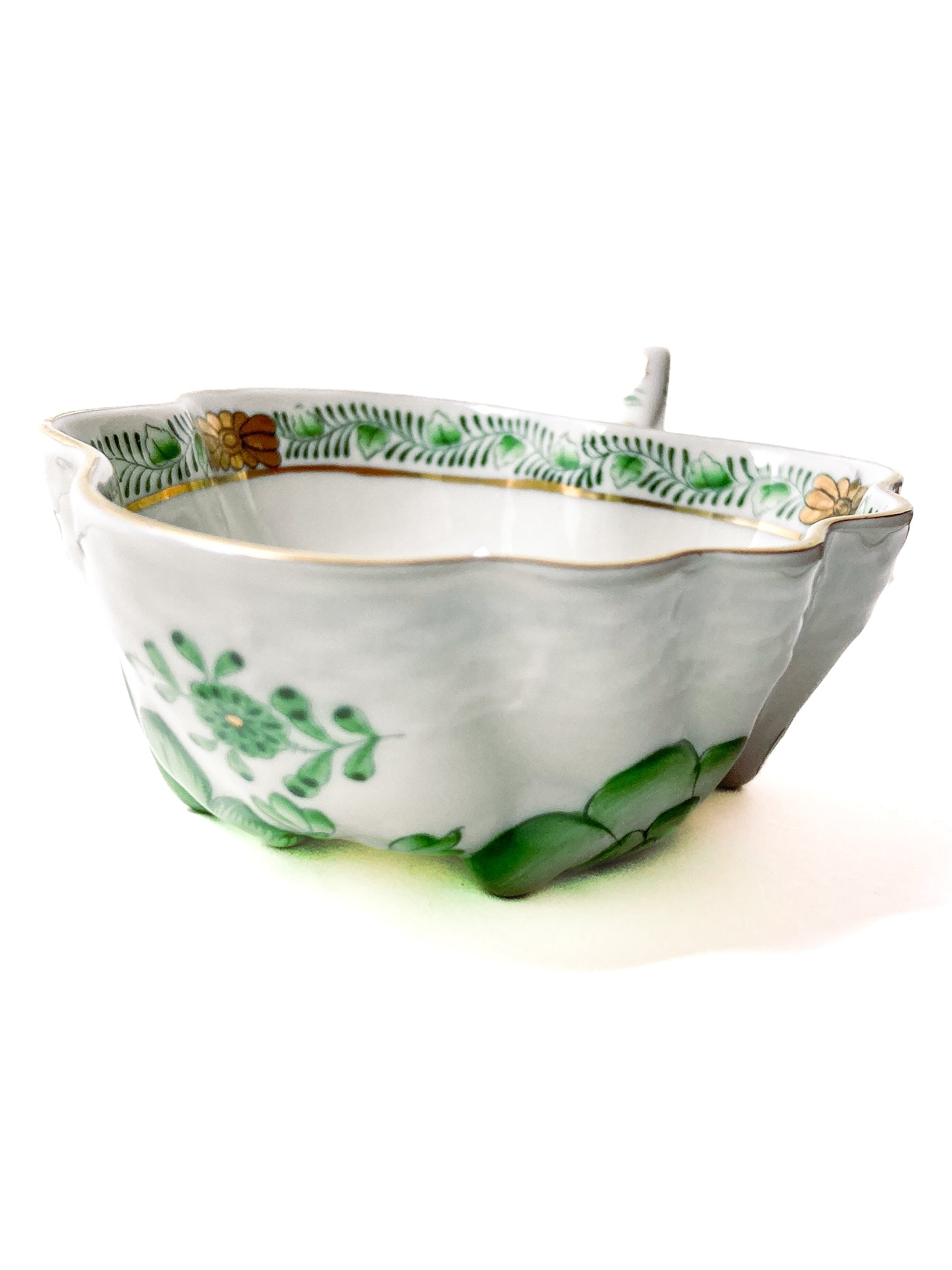 Vintage Herend Hand Painted Green Chinese Bouquet Porcelain Leaf Trinket Dish
