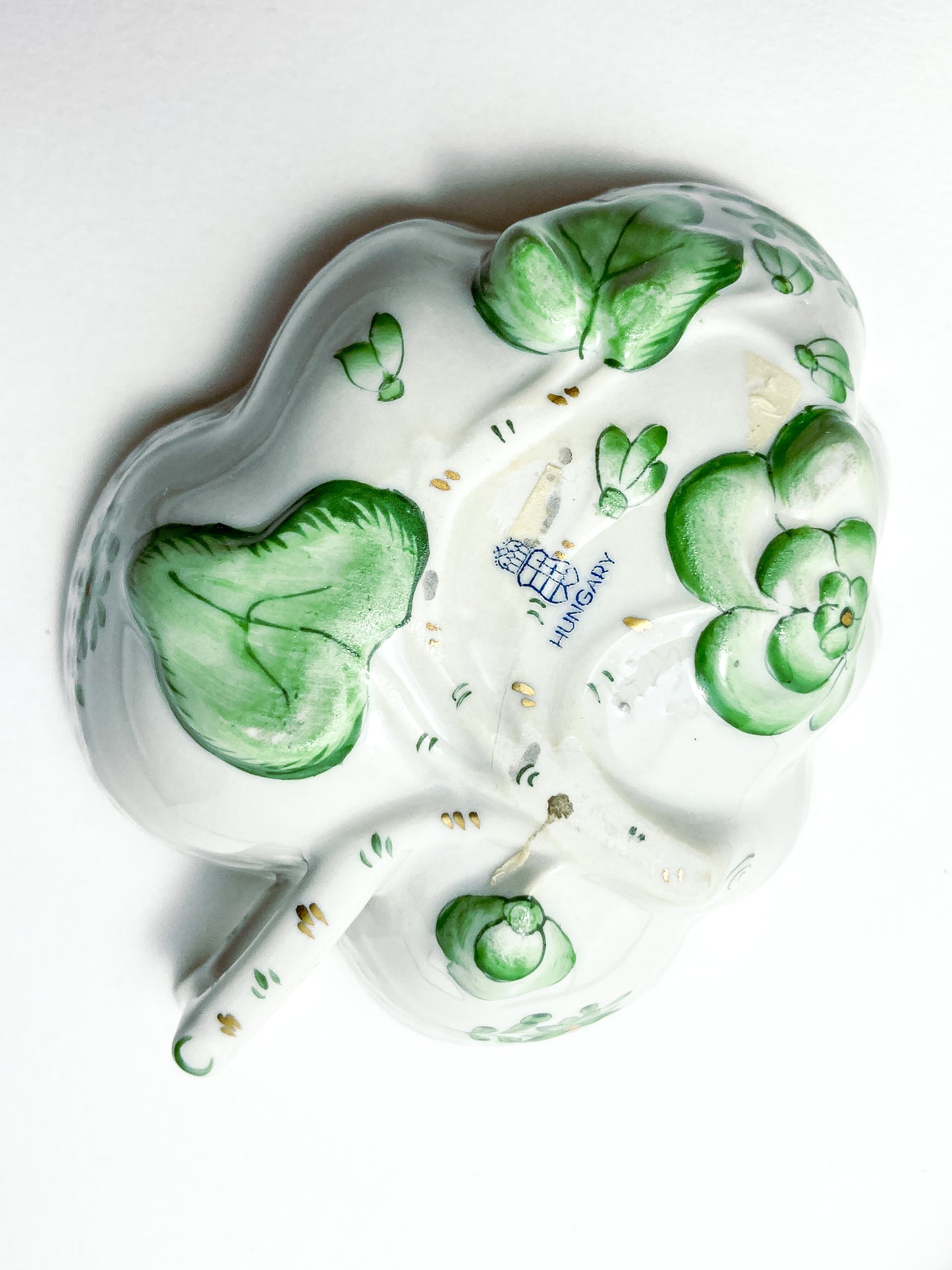 Vintage Herend Hand Painted Green Chinese Bouquet Porcelain Leaf Trinket Dish