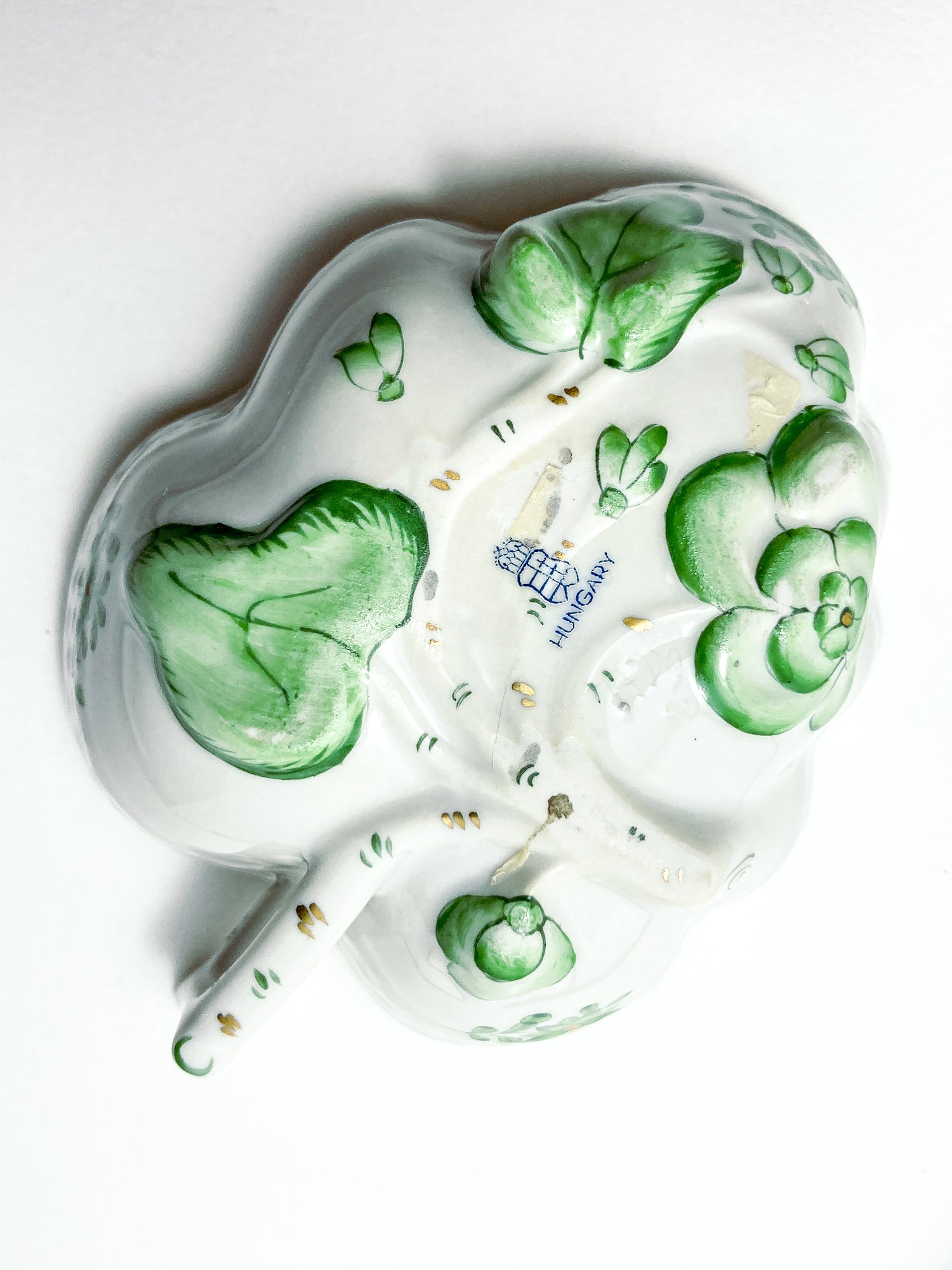 Vintage Herend Hand Painted Green Chinese Bouquet Porcelain Leaf Trinket Dish