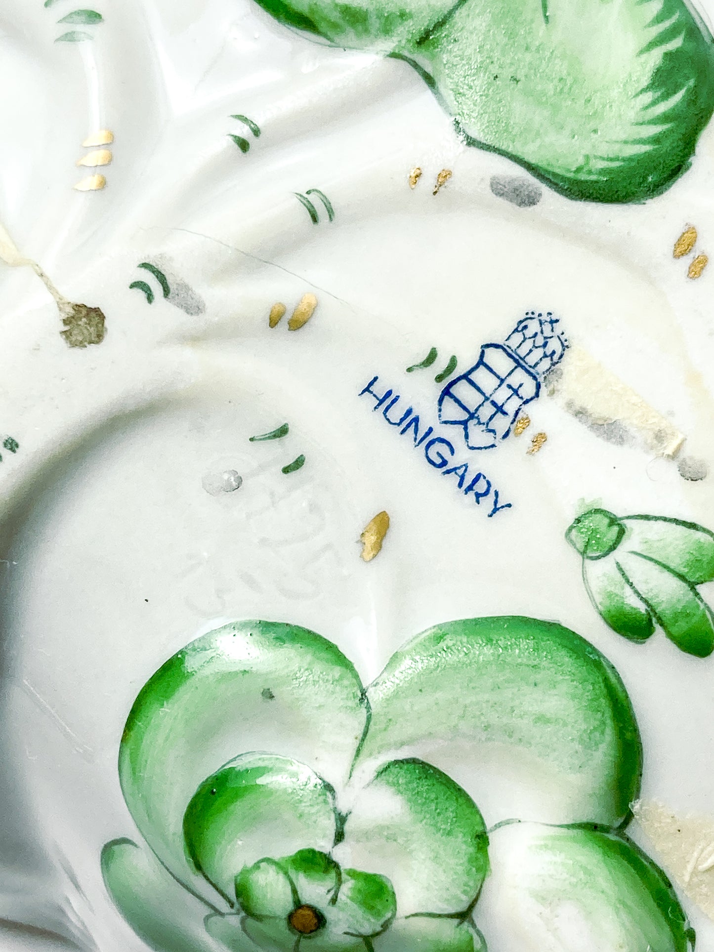 Vintage Herend Hand Painted Green Chinese Bouquet Porcelain Leaf Trinket Dish