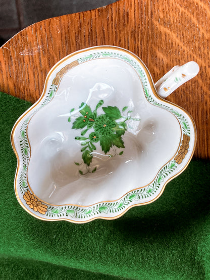 Vintage Herend Hand Painted Green Chinese Bouquet Porcelain Leaf Trinket Dish