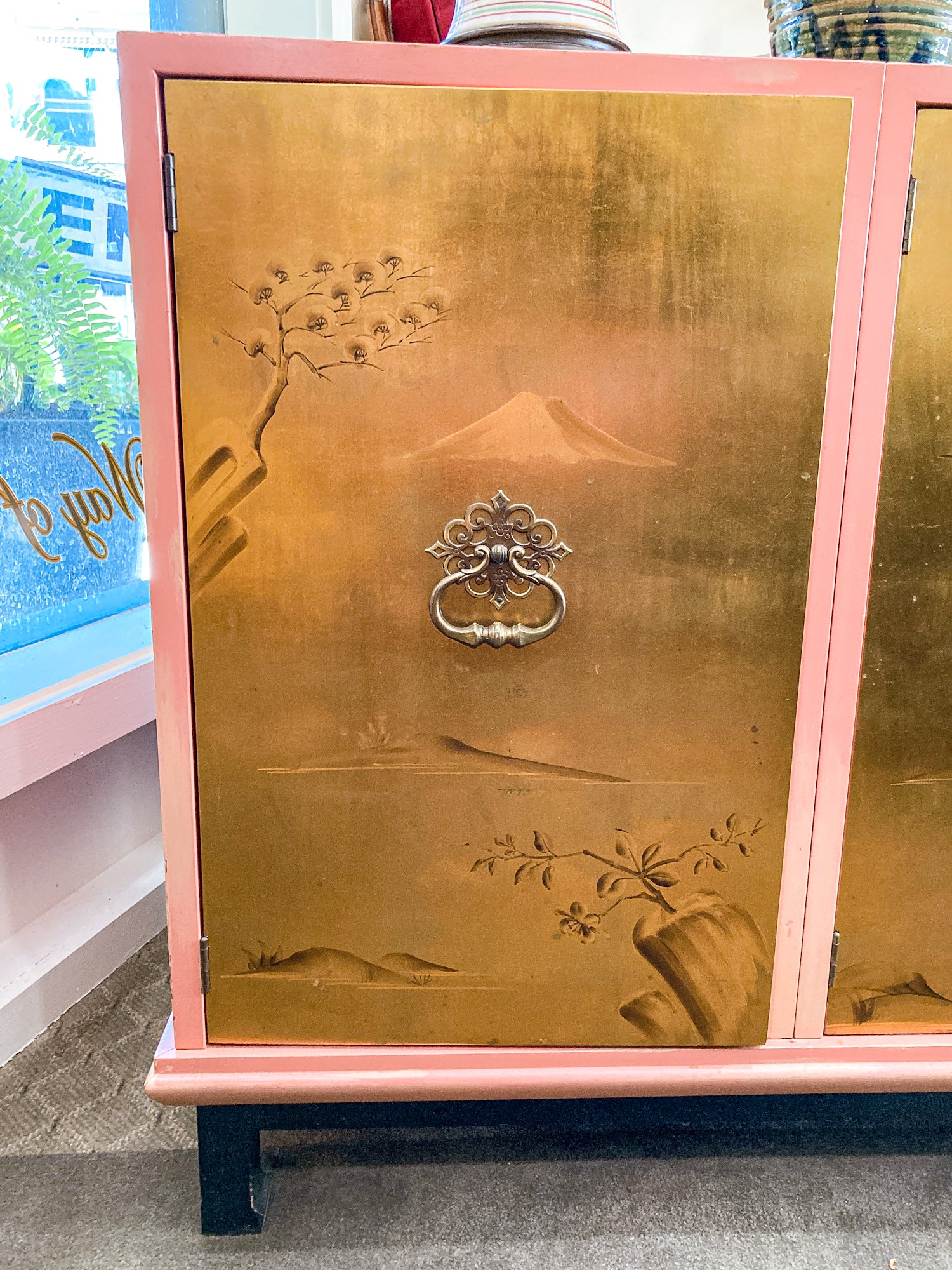 Vintage Hollywood Regency Renzo Rutili Pink Gold Johnson Furniture Credenza Cabinet