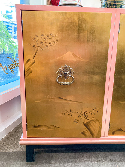 Vintage Hollywood Regency Renzo Rutili Pink Gold Johnson Furniture Credenza Cabinet