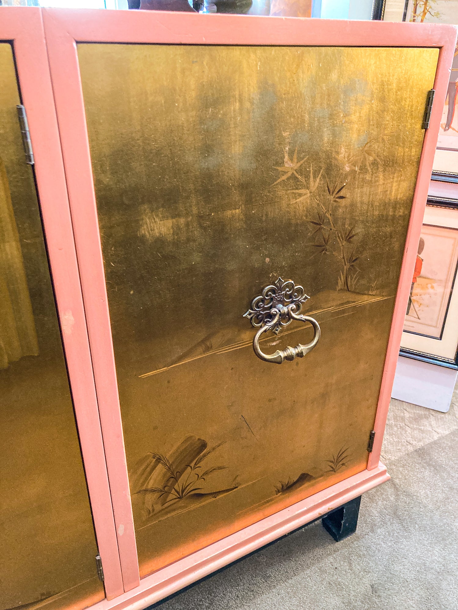 Vintage Hollywood Regency Renzo Rutili Pink Gold Johnson Furniture Credenza Cabinet