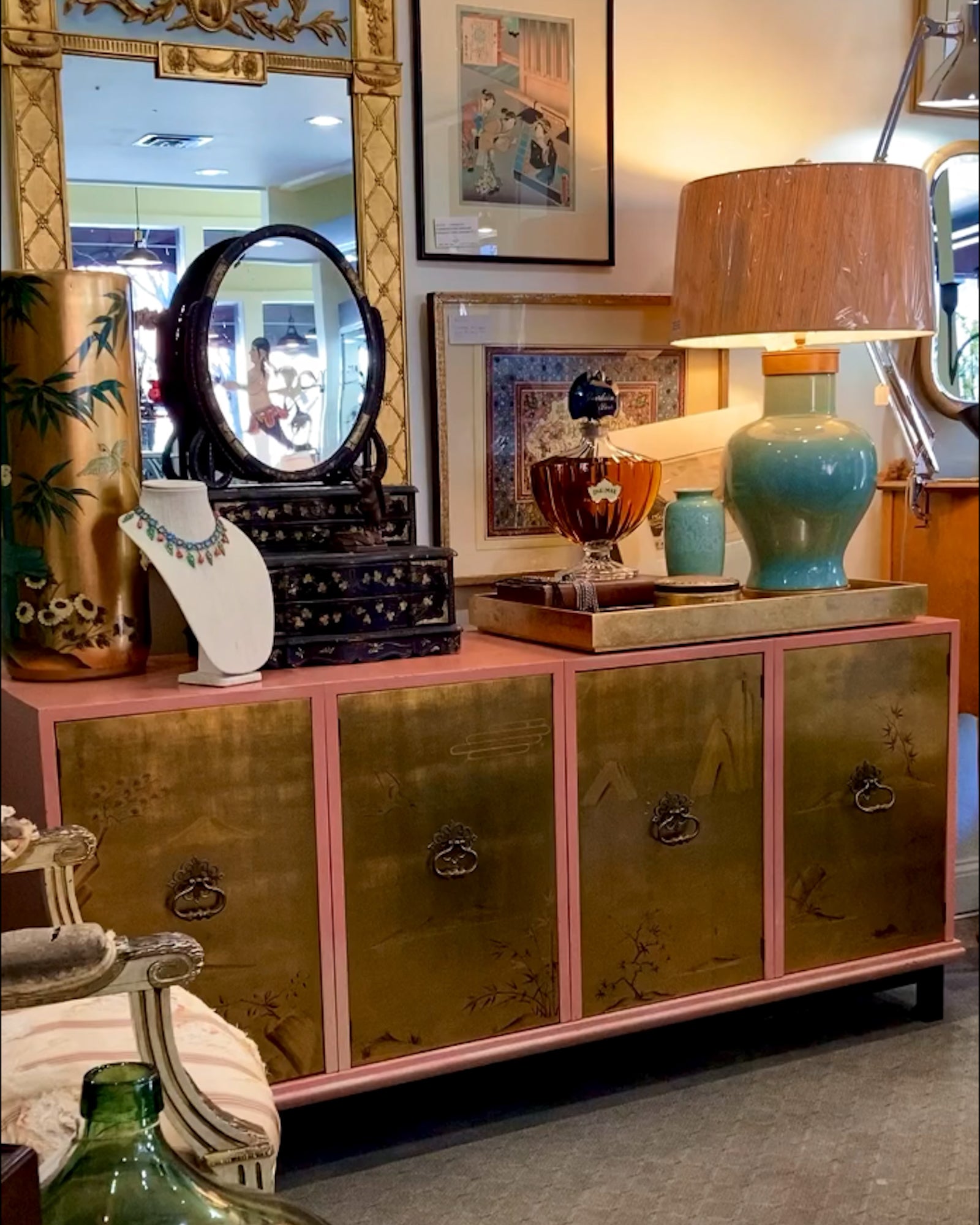 Vintage Hollywood Regency Renzo Rutili Pink Gold Johnson Furniture Credenza Cabinet