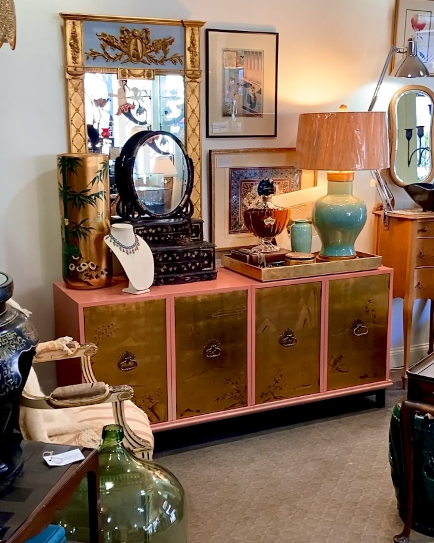 Vintage Hollywood Regency Renzo Rutili Pink Gold Johnson Furniture Credenza Cabinet