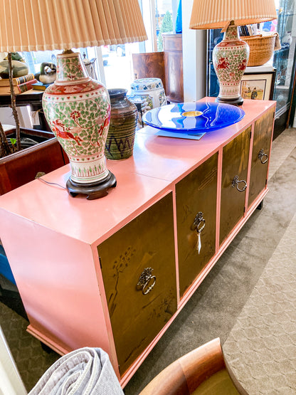 Vintage Hollywood Regency Renzo Rutili Pink Gold Johnson Furniture Credenza Cabinet