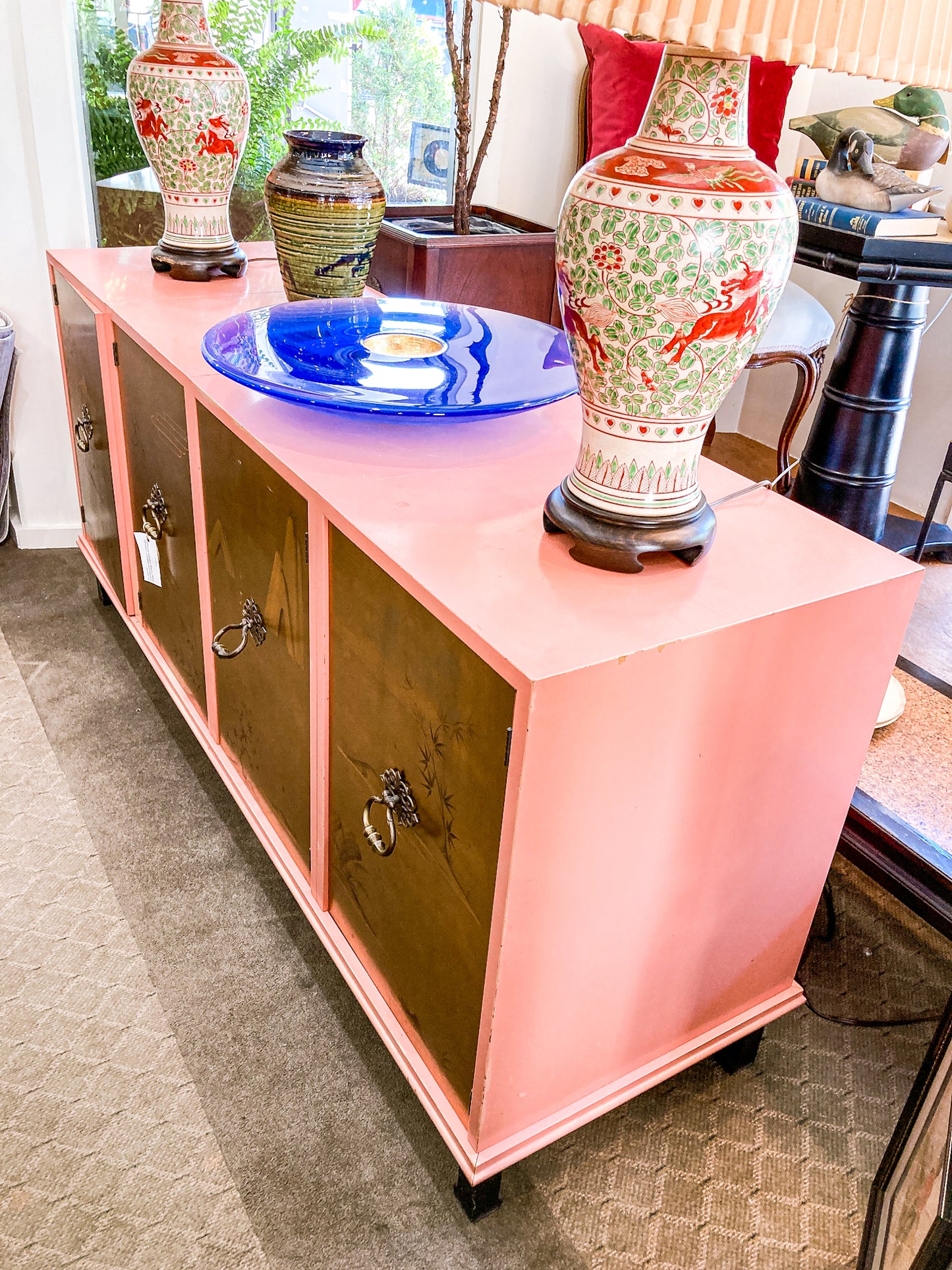 Vintage Hollywood Regency Renzo Rutili Pink Gold Johnson Furniture Credenza Cabinet