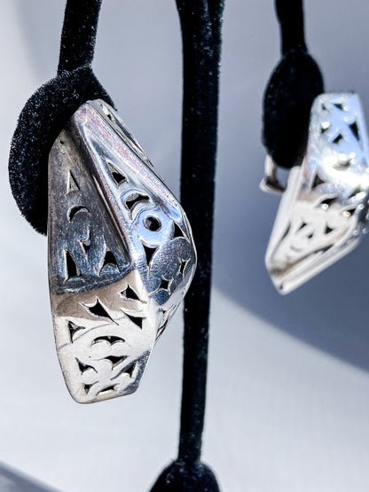 Vintage Indonesian Sterling Silver Openwork Geometric Dimensional Clip On Earrings