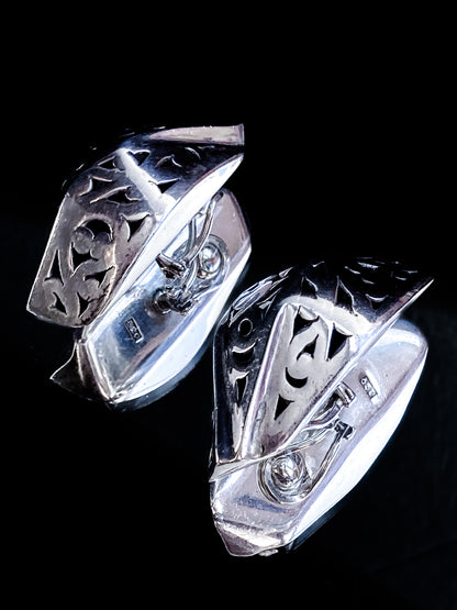 Vintage Indonesian Sterling Silver Openwork Geometric Dimensional Clip On Earrings