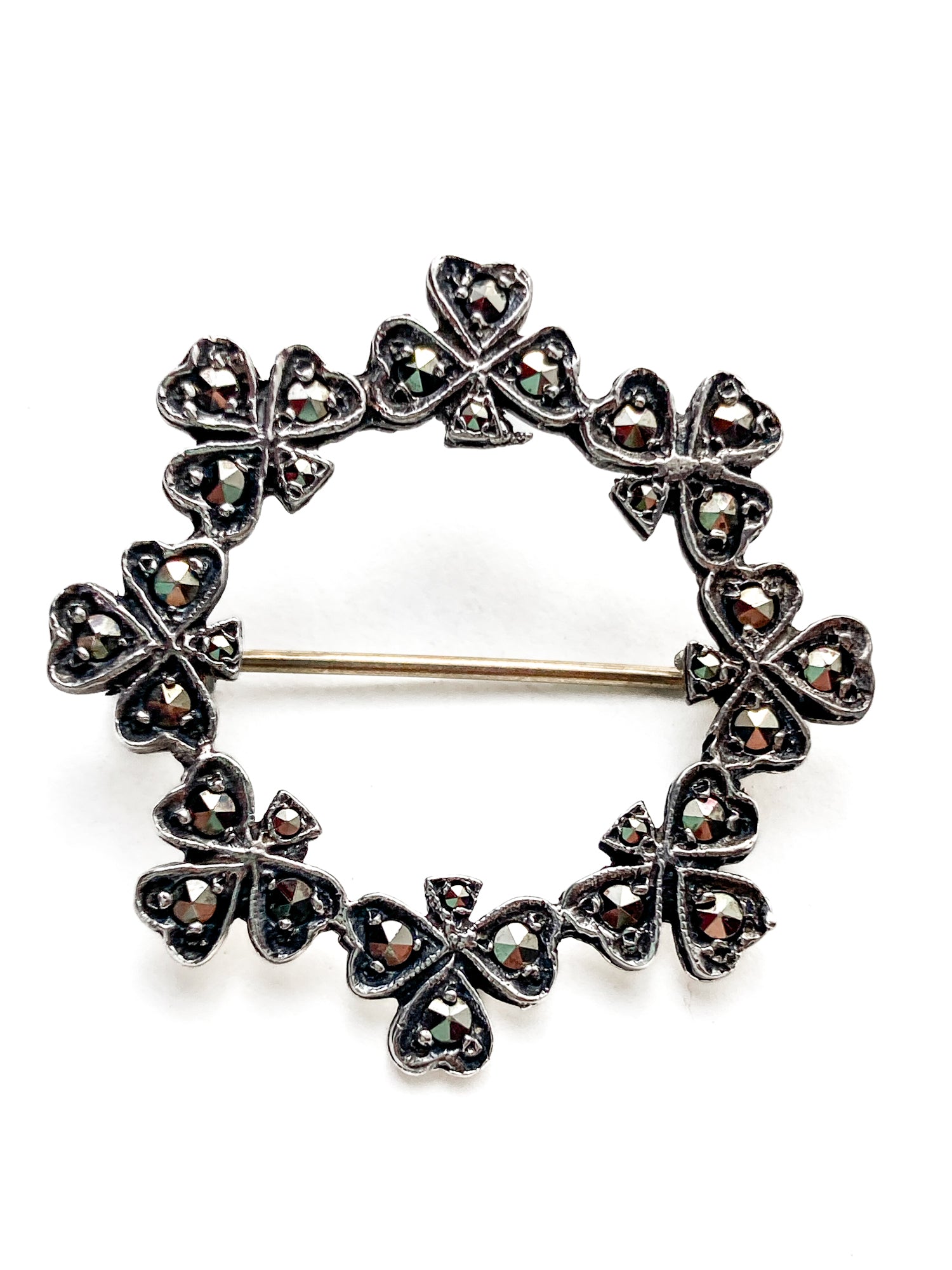 Vintage Irish Sterling Silver Marcasite Shamrock Circle Brooch Pin