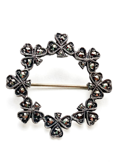 Vintage Irish Sterling Silver Marcasite Shamrock Circle Brooch Pin