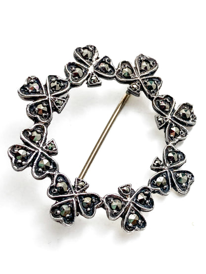 Vintage Irish Sterling Silver Marcasite Shamrock Circle Brooch Pin
