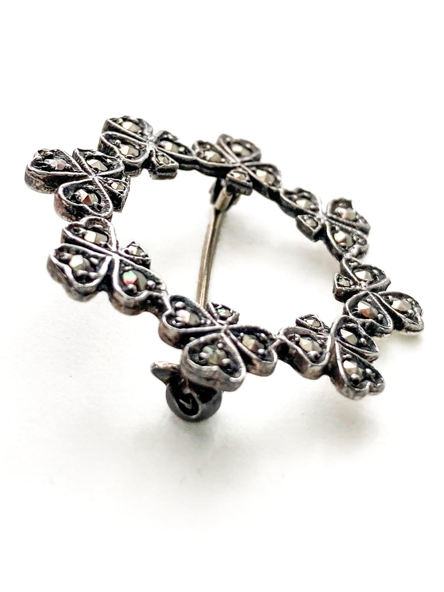 Vintage Irish Sterling Silver Marcasite Shamrock Circle Brooch Pin