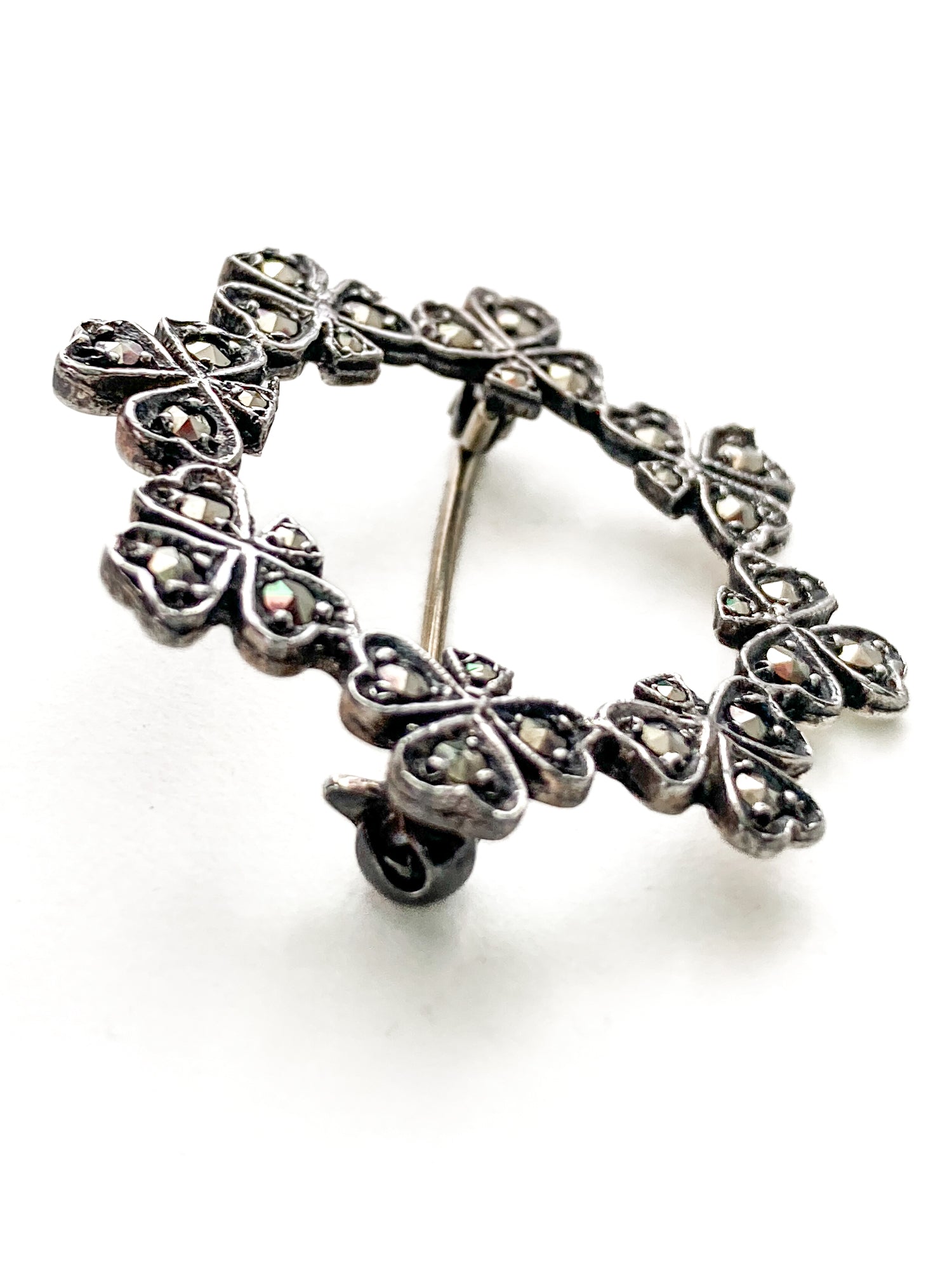 Vintage Irish Sterling Silver Marcasite Shamrock Circle Brooch Pin