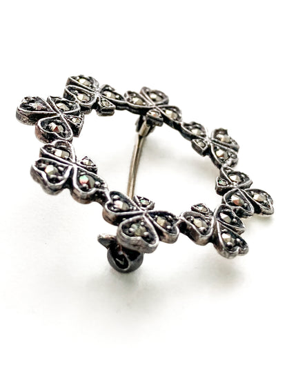 Vintage Irish Sterling Silver Marcasite Shamrock Circle Brooch Pin