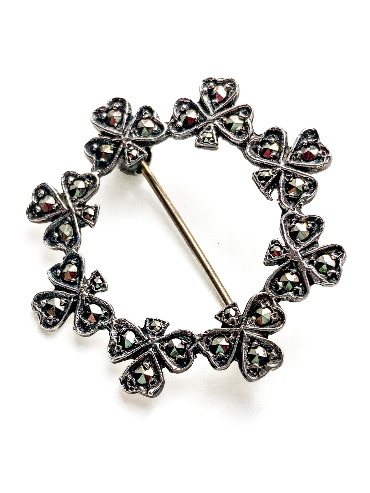 Vintage Irish Sterling Silver Marcasite Shamrock Circle Brooch Pin