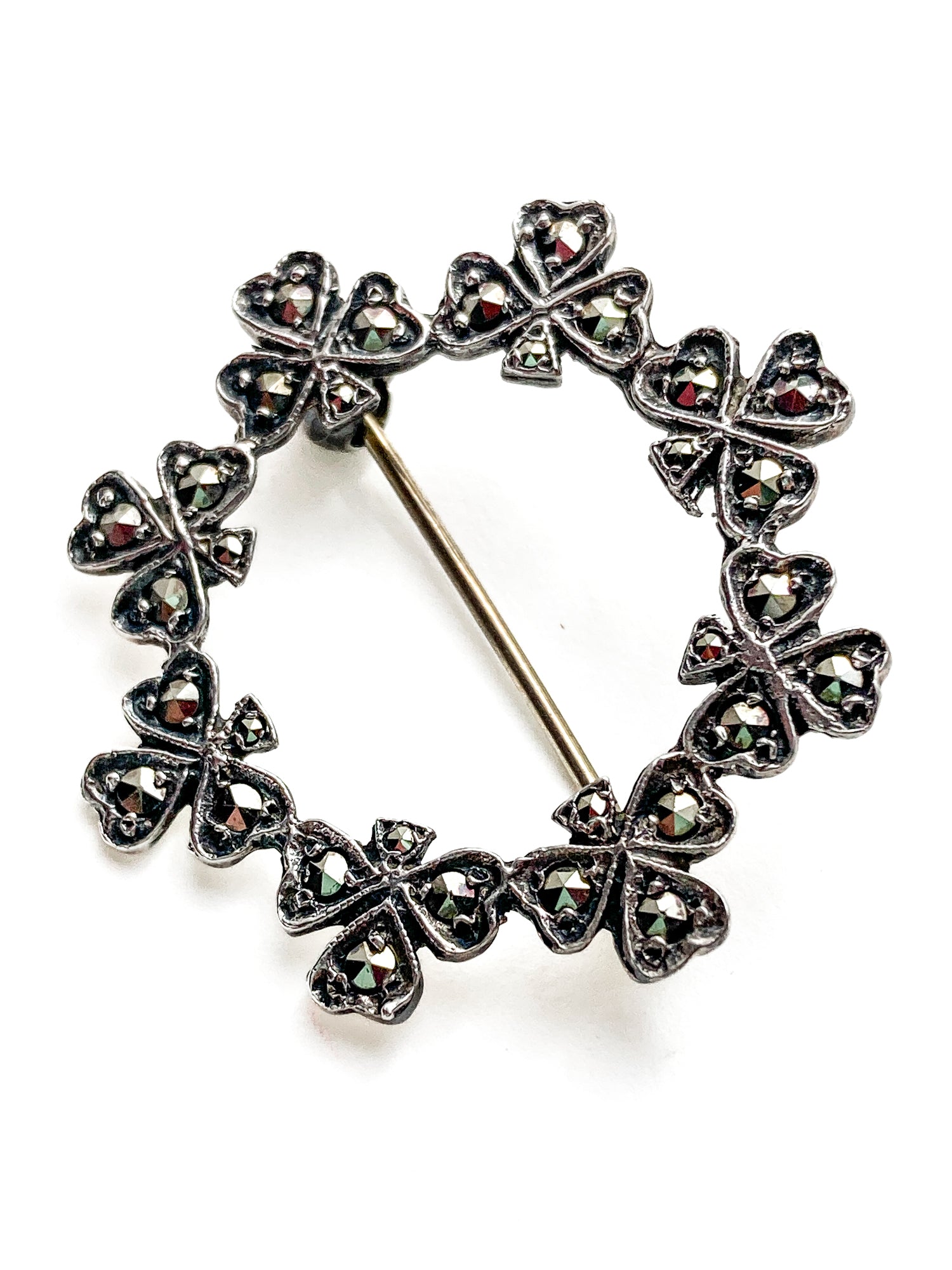 Vintage Irish Sterling Silver Marcasite Shamrock Circle Brooch Pin