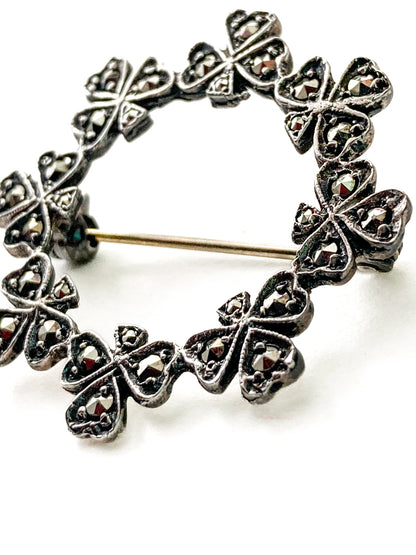 Vintage Irish Sterling Silver Marcasite Shamrock Circle Brooch Pin