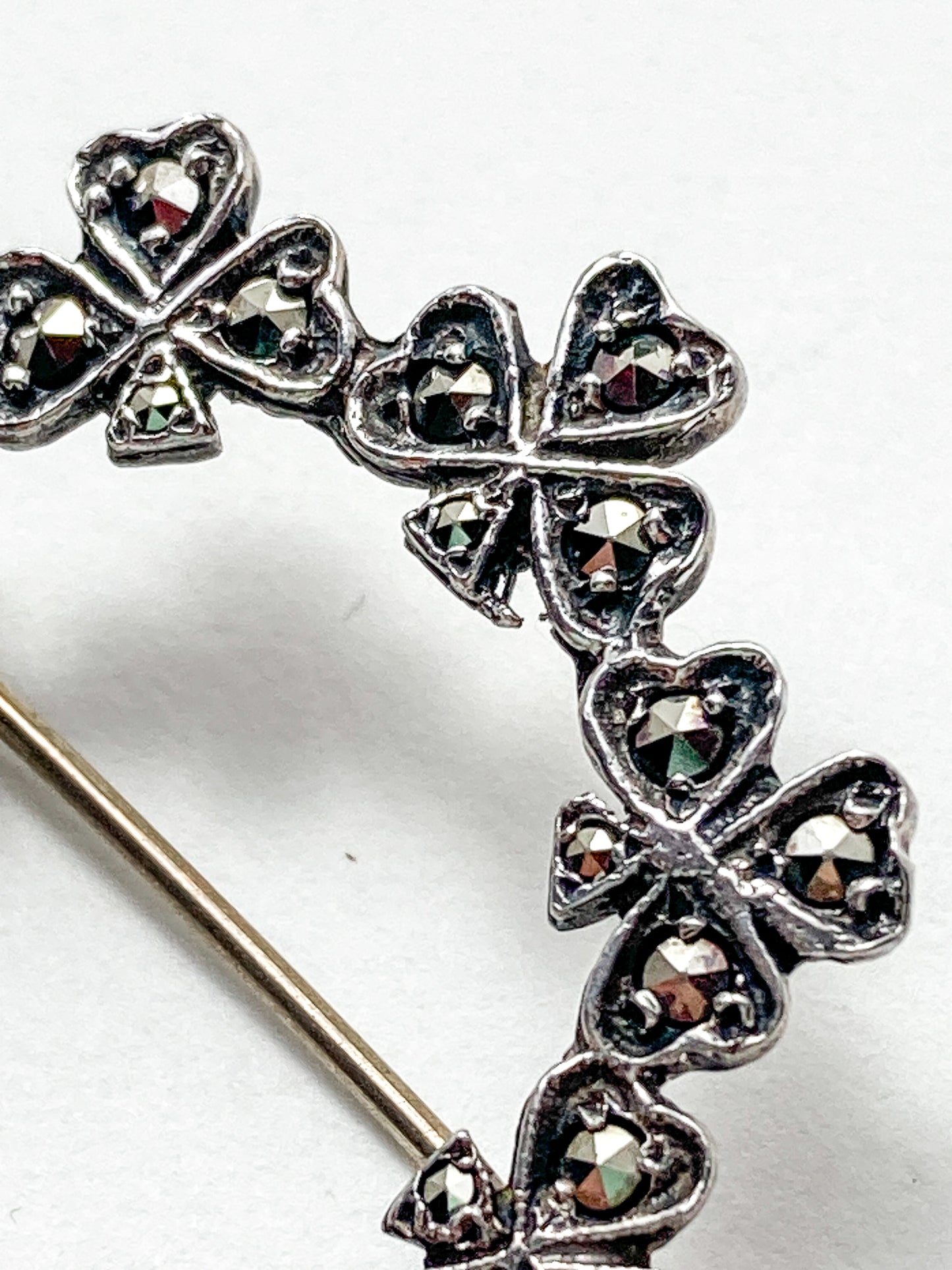 Vintage Irish Sterling Silver Marcasite Shamrock Circle Brooch Pin