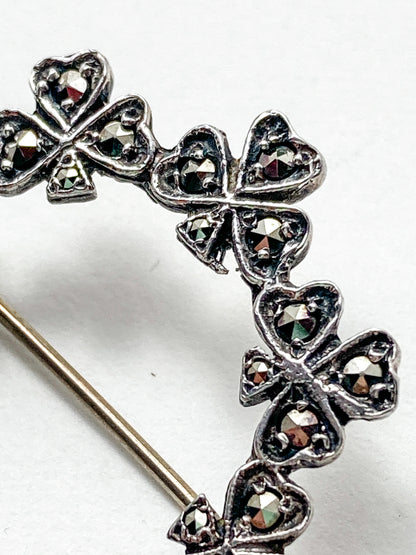 Vintage Irish Sterling Silver Marcasite Shamrock Circle Brooch Pin