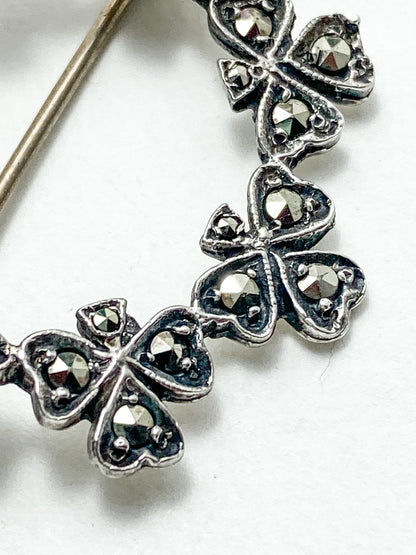 Vintage Irish Sterling Silver Marcasite Shamrock Circle Brooch Pin