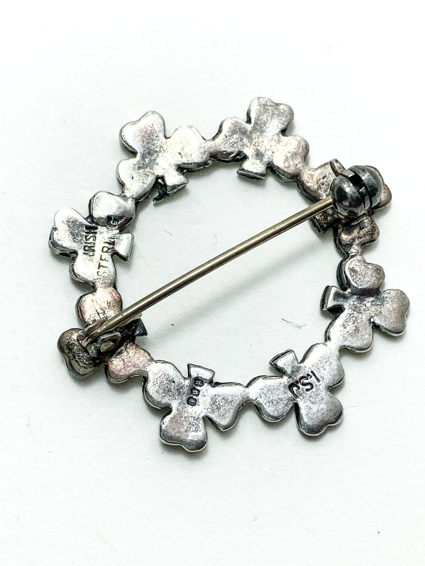 Vintage Irish Sterling Silver Marcasite Shamrock Circle Brooch Pin
