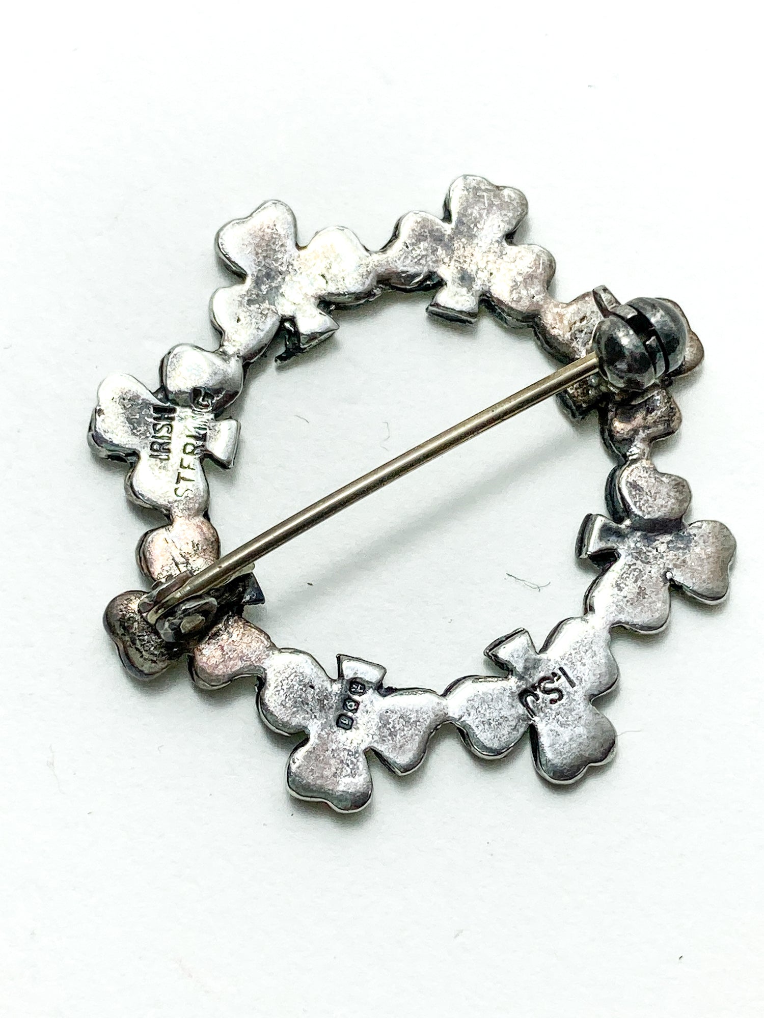 Vintage Irish Sterling Silver Marcasite Shamrock Circle Brooch Pin