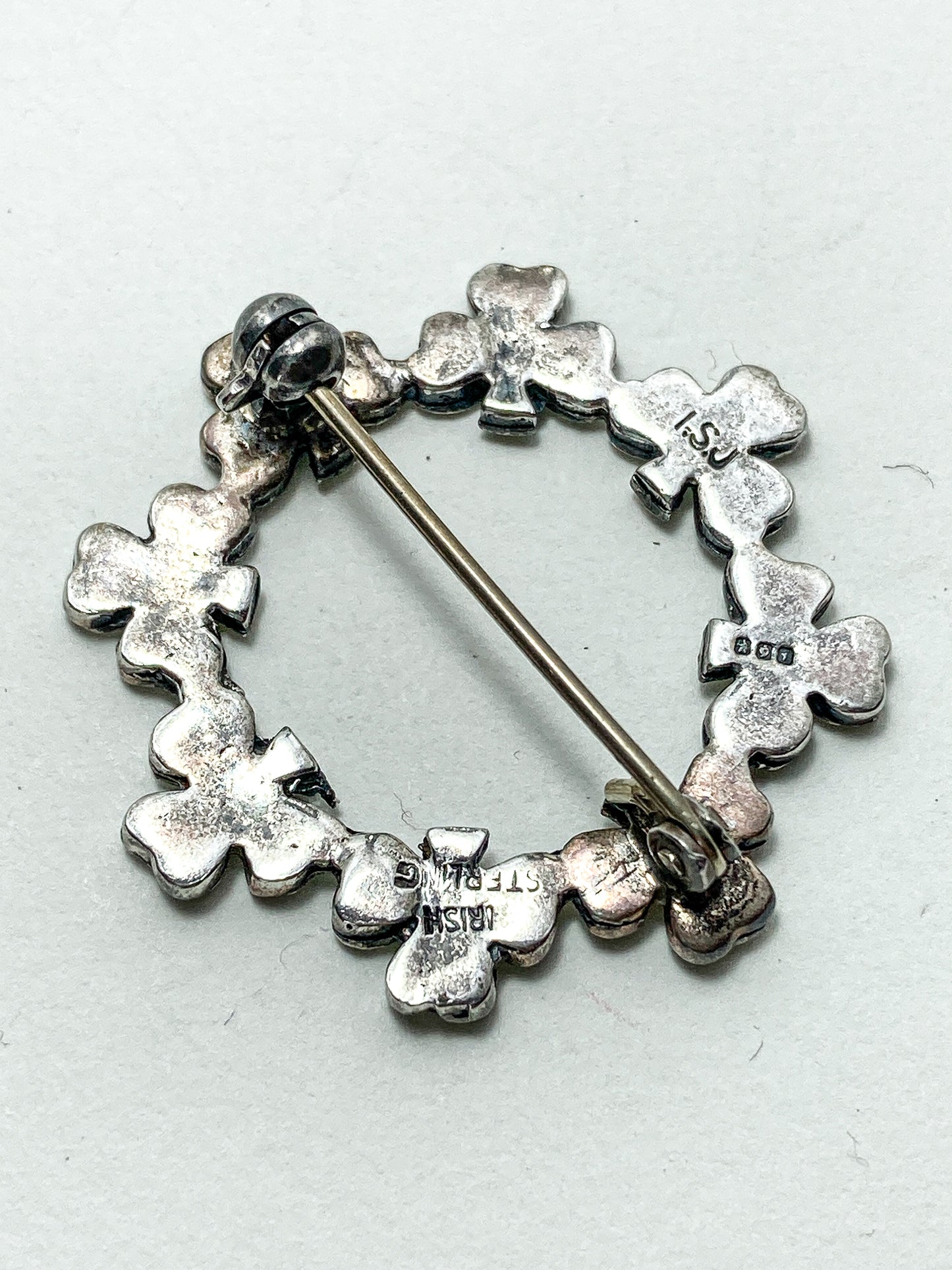 Vintage Irish Sterling Silver Marcasite Shamrock Circle Brooch Pin