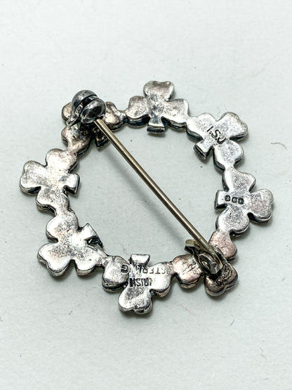 Vintage Irish Sterling Silver Marcasite Shamrock Circle Brooch Pin