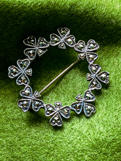 Vintage Irish Sterling Silver Marcasite Shamrock Circle Brooch Pin