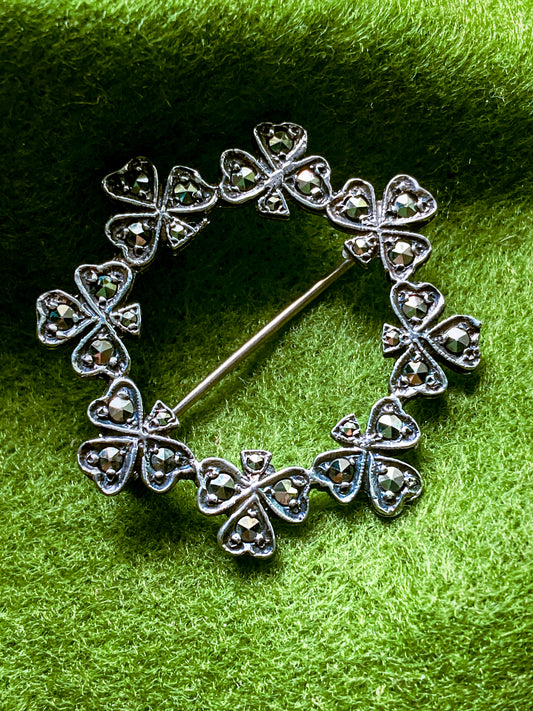 Vintage Irish Sterling Silver Marcasite Shamrock Circle Brooch Pin