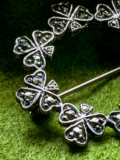 Vintage Irish Sterling Silver Marcasite Shamrock Circle Brooch Pin