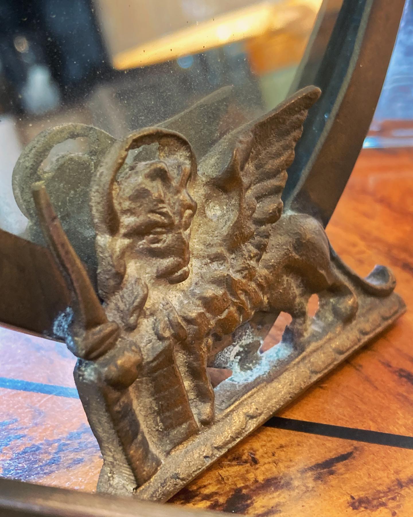 Vintage Italian Brass Venetian Doge Cap St Mark Lion Shield Table Top Mirror