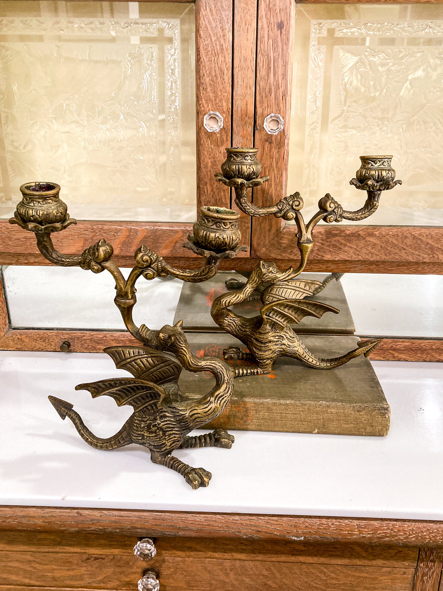 Vintage Pair Italian Sculptural Cast Brass Dragon Form Double Holder Candlesticks