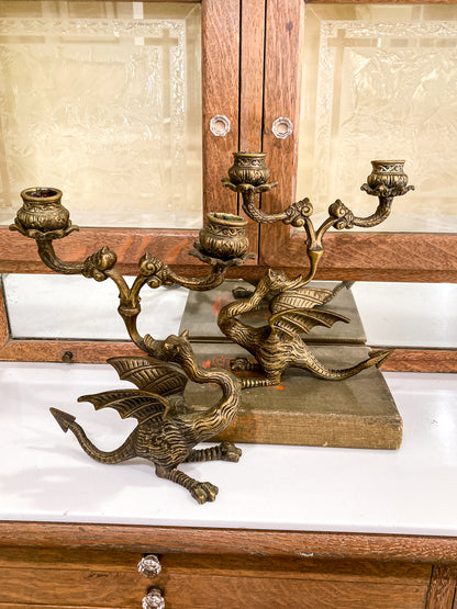 Vintage Pair Italian Sculptural Cast Brass Dragon Form Double Holder Candlesticks