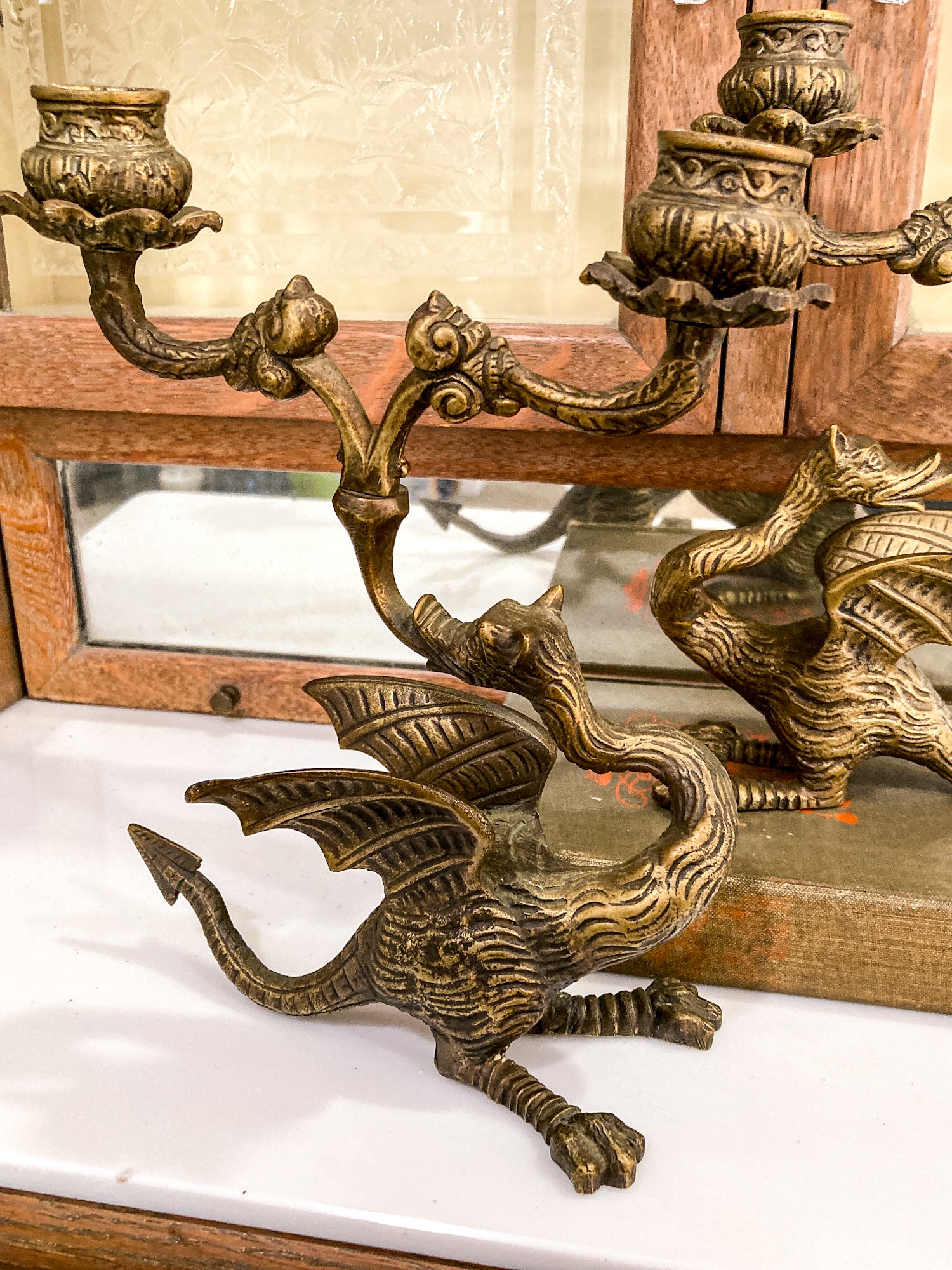 Vintage Pair Italian Sculptural Cast Brass Dragon Form Double Holder Candlesticks