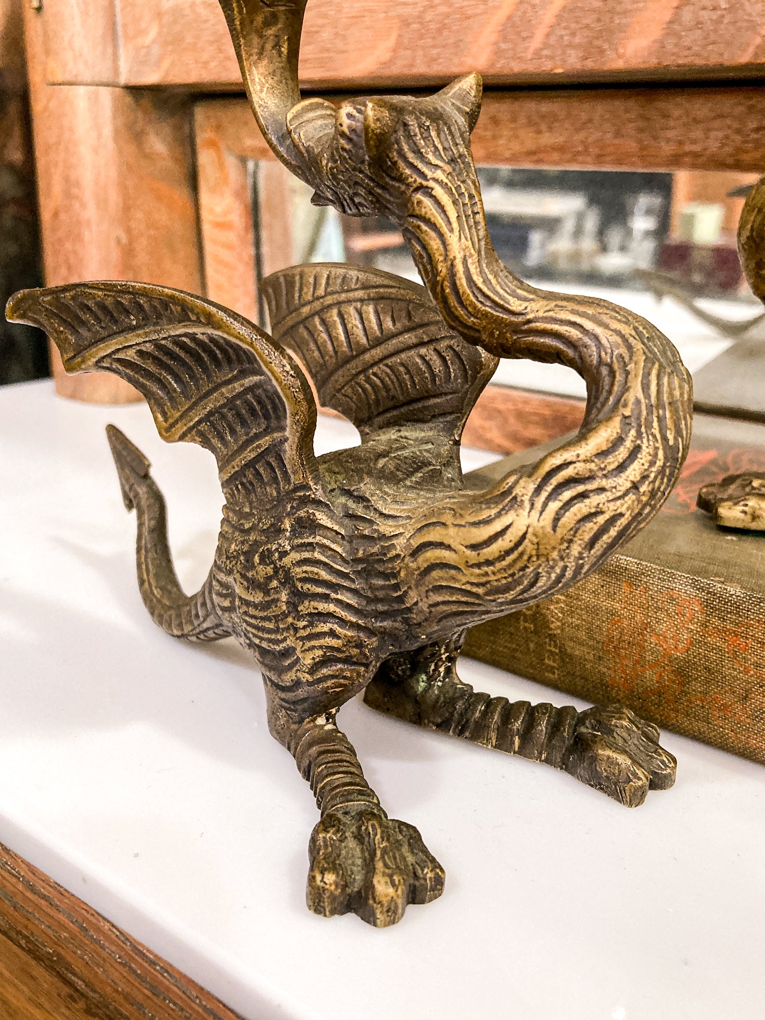 Vintage Pair Italian Sculptural Cast Brass Dragon Form Double Holder Candlesticks