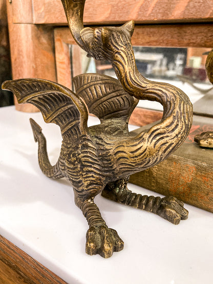 Vintage Pair Italian Sculptural Cast Brass Dragon Form Double Holder Candlesticks