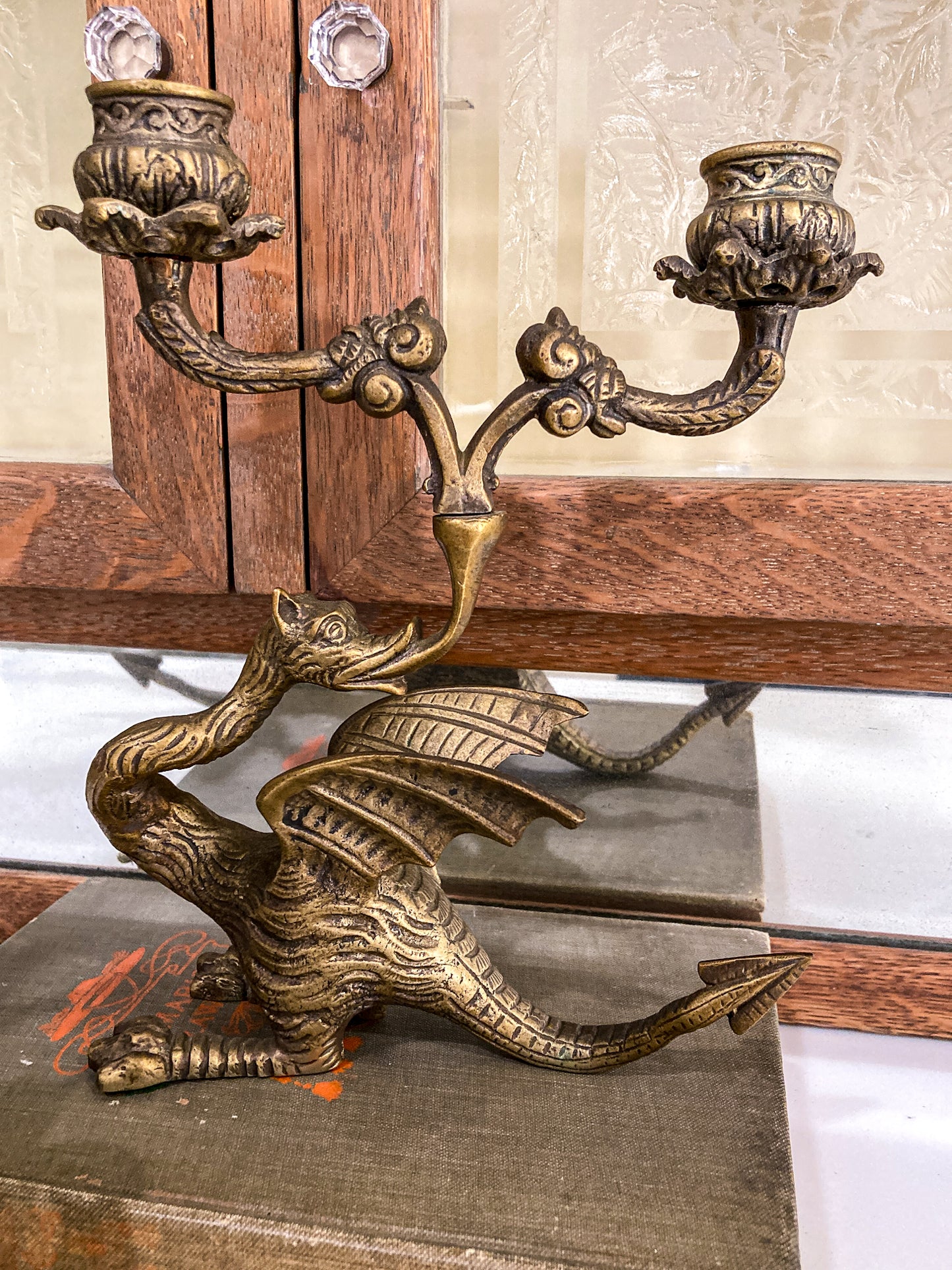 Vintage Pair Italian Sculptural Cast Brass Dragon Form Double Holder Candlesticks