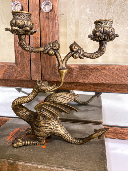 Vintage Pair Italian Sculptural Cast Brass Dragon Form Double Holder Candlesticks